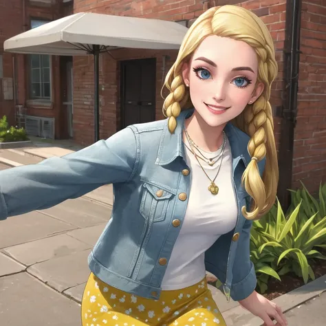 (detailed background:1.2), (perfect face, detailed face), looking at viewer, (mature female:1.2), smile, pennyhaywood, 1girl, solo, denim jacket, buttons, white shirt, necklace, casual, yellow skirt, print skirt, thighs, park, day, outdoors, <lora:PennyHay...