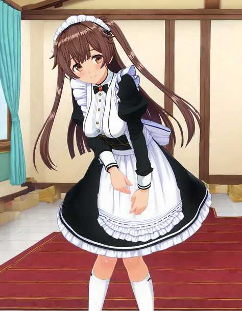 <lora:pony_xl_muku:0.8>,muku,score_9,source_anime,best quality,masterpiece,super fine illustration,1girl,solo,looking at viewer,maid,maid headdress,black dress,puffy sleeves,long sleeves,maid apron,frills,kneehighs,white socks,smile,shy,light_blush,looking...