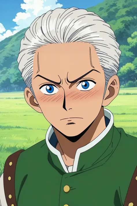 score_9, score_8_up, score_7_up, , anime screencap, rating_safe, intricate details, , depth of field, 1boy, male focus, light blue eyes, silver hair, quiff hairstyle, dwarf costume, solo, upper body, prairie, day, clouds, slouching, embarrassed, nose blush...