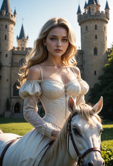 blond woman in a white dress riding a horse in front of a castle