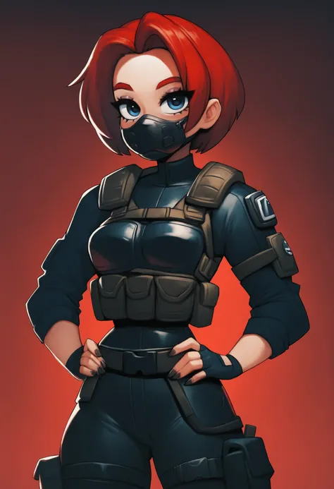 <lora:Zazu-a:1> hattiezazu, digital art, soft light, score_9, score_8_up, score_7_up, score_6_up, score_5_up, score_4_up, 1girl, solo, red bob hair, blue eyes, tactical mouth mask,looking at viewer, wearing swat tactical jacket, tactical shoulder pads, bla...