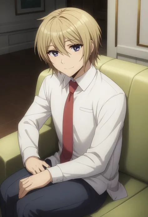 score_9, score_8_up, score_7_up, source_anime, highly detailed, 
madoka, blonde hair, 1boy, solo, male focus, blue eyes, short hair, hair between eyes, pants, shirt, white shirt, collared shirt, necktie, smile, looking at viewer,
indoor, mansion, forniture...