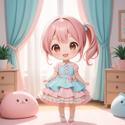 SceneDescription:
  - Composition: Full body shot. Cinematic angle.
  - Subject: A cute girl.
    - Characteristics:
      - Hair: Pastel pink side ponytail.
      - Eyes: Brown eyes.
      - Clothing: Pastel cute layered dress.
      - Expression: Amused ...