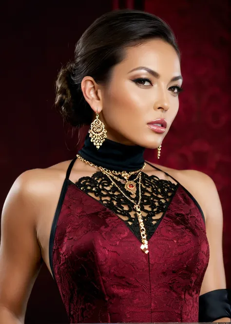 luxury product style, captivating masterpiece of an woman in a ((((neckholder dress with turtleneck)))) ,long earrings, necklace, half body, The intricate lace and gold details exude a very rebellious aura. ((The use of high-shine gloss adds a touch of gla...