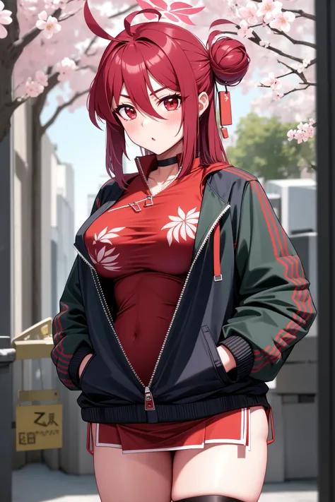 solo, masterpiece, best quality, outdoors, street, cherry blossoms, cowboy shot, standing, looking at viewer, :o, closed mouth, reijo, red eyes, red hair, long hair, ahoge, hair between eyes, single hair bun, halo, choker, track jacket, green jacket, parti...