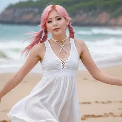 1girl on beach, twintails, pink hair, sand, sea, wind, cloud, ( white_sundress, sleeveless), (best quality, masterpiece, 16k, raw photo, ultra high res:1.2), sharp focus, blurry background, close up