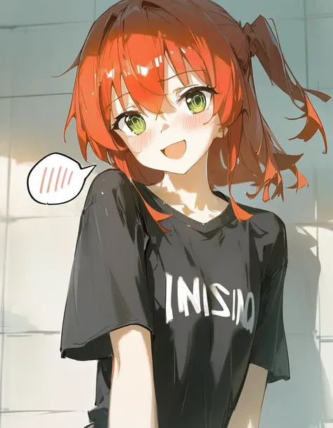 by dino (dinoartforame), 
1girl, kita ikuyo, :d, @ @, black shirt, blush, clothes writing, green eyes, looking at viewer, medium hair, open mouth, red hair, shirt, short sleeves, smile, solo, spoken blush, t-shirt,
detailed, absurdres, aesthetic, best qual...