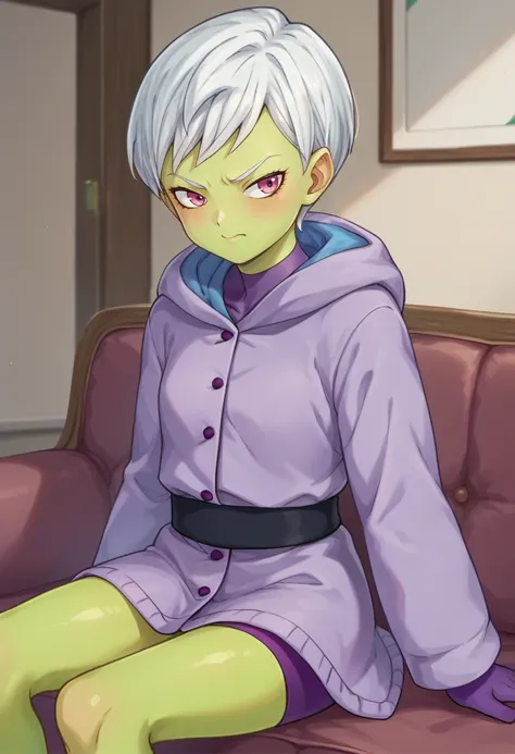 score_9,score_8_up,score_7_up BREAK <lora:cheelai:1>,cheelaiXD,1girl,short hair,white hair,pink eyes,colored skin,frown,green skin,purple bodysuit,purple coat,hood down,hood,coat,cowboy shot,room,room background,sitting,light smile,