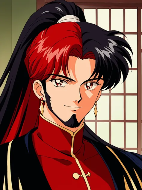 1990s (style), anime coloring, sm90s, 1boy, facial hair, male focus, black hair, multicolored hair, solo, red eyes, long hair, red hair, animal ears, facial hair, beard, smile, ponytail, upper body, jewelry, earrings, looking at viewer,  indoors, retro art...