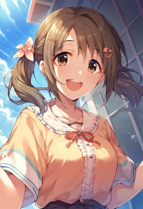 score_9, score_8_up, score_7_up, score_6_up, score_5_up, score_4_up,imai kana, twintails, brown hair, brown eyes, 1girl, solo, smile, hair ornament, open mouth, hairclip, day, sky