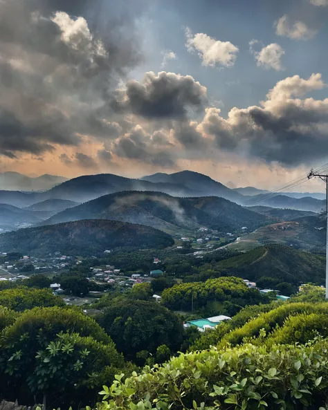 score_9,score_8_up,score_7_up,
a picturesque landscape with a backdrop of towering mountains partially obscured by mist. In the foreground, theres a lush green orchard with trees bearing red fruits. Power lines crisscross the scene, adding a modern touch t...