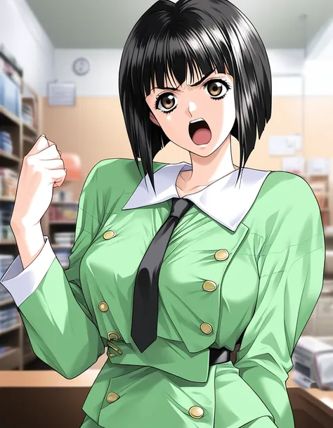 score_9, score_8_up, score_7_up, source_anime, rating_explicit, BREAK  <lora:Saitou_Ako_XL:1>
SaitouAko, short hair, black hair, brown eyes, bob cut,bangs, breasts,
1girl, solo, open mouth, clenched hand, necktie, upper body, long sleeves, angry, buttons, ...