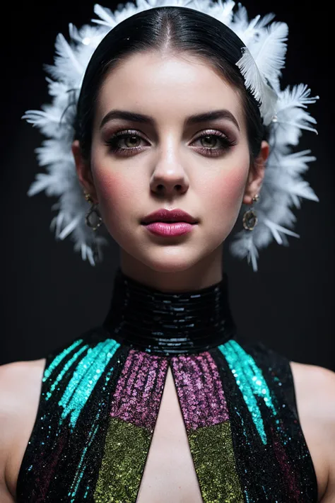 AdelaideK_SoloTI_v1,
(A vibrant kaleidoscope of colors, with a flowing asymmetrical dress adorned with sequins and feathers, for a mesmerizing and captivating visual feast:1.1), ((In a contemporary art gallery, with avant-garde installations and interactiv...