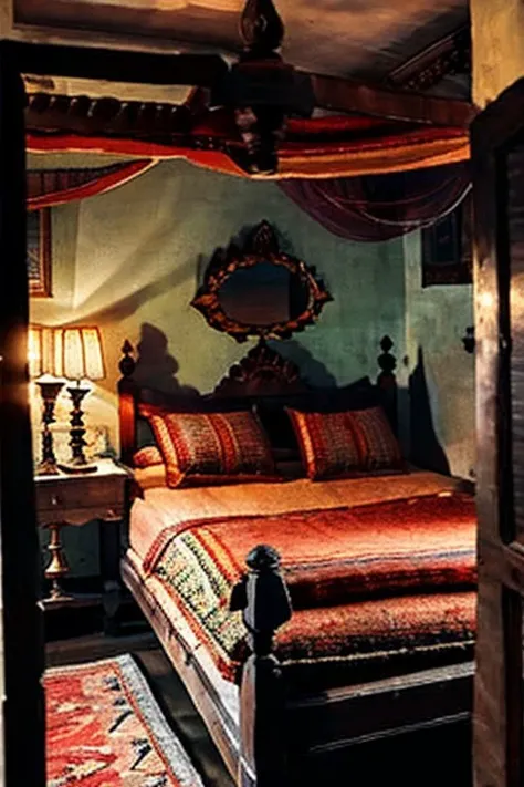 Indian_Interior, InteriorType:BedRoom, An interior room, possibly a bedroom, with a vintage ambiance. Dominating the foreground is a four-poster bed with intricate carvings on its headboard. The bedspread has a floral pattern. To the left, theres a wooden ...