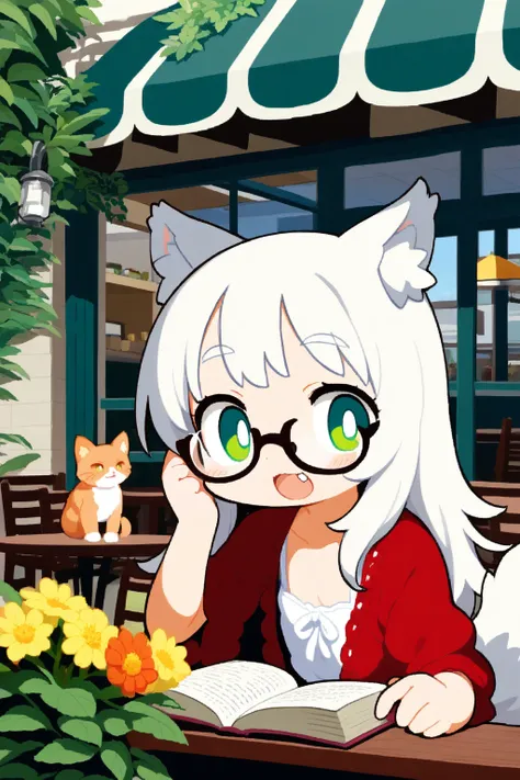 1girl, wolf ears, wolf tail, white hair, long hair, green eyes, glasses, confident, upper body, fang, plant, cafe, coffee, book,...