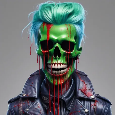 leather, backpack, from side, extra eyes, blue skin, artist name, ribbon, machine, green hair, blood, dripping paint, tongue out, shinny leather jacket, grey background, teeth