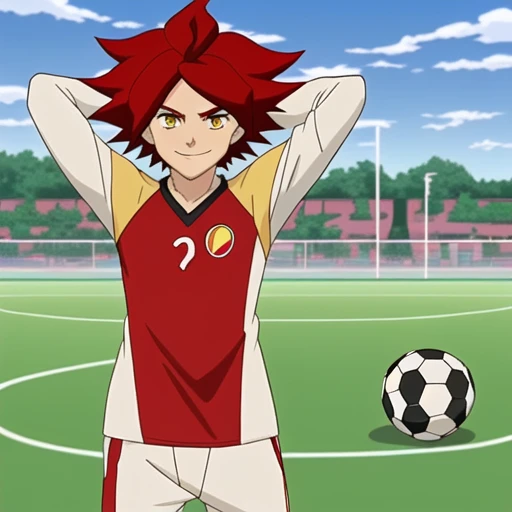 anime boy, sportswear, ball, day, looking at viewer, crimson red hair, telstar, grass, anime, red hair, male focus, 1boy, crossed arms, soccer ball, smile, flame spike hair, dark golden eyes, raglan sleeves, arms behind head