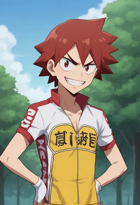 score_9, score_8_up, score_7_up, source_anime, highly detailed, slender, skinny,
naruko, solo, smile, 1boy, male focus, gloves, upper body red eyes, red hair, spiked hair, looking at viewer, standing, fingerless gloves, grin, bike shorts, hands on hips, sh...