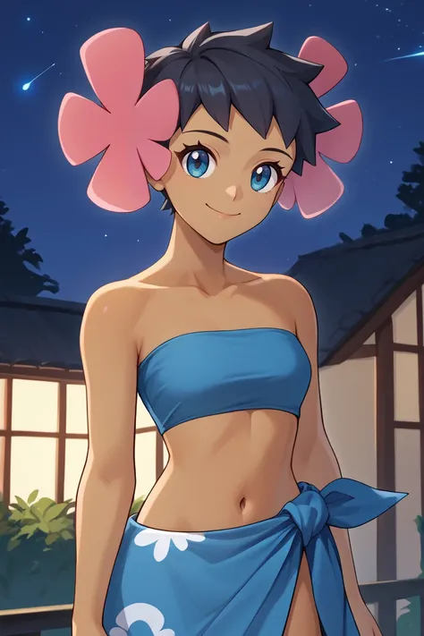 score_9, score_8_up, score_7_up, score_6_up, source_anime BREAK 1girl, solo   <lora:pkmnphoebe-pdxl-nvwls-v1-000004:1> defPhoebe, black hair, dark skin, hair flower, pink flower, blue tube top, strapless, midriff, blue sarong, blue skirt, happy, night sky,...