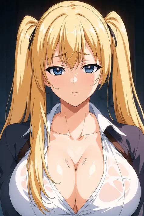 Simple Background,black Background,
dynamic pose,standing at attention,
White shirt,collarbone, cleavage, no bra, long sleeves, 
<lora:Makino_Fuyu_Onichichi2-KK77-V1:0.8>,
Blue eyes, Blonde hair,bangs, Long hair,twintails, hair ornament, 
<lora:more_detail...