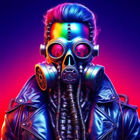 male focus, gas mask, braid, colorful, gradient background, robot, shinny leather jacket, looking at viewer, military-style jacket, weapon, wire, Mechanical Components, metallic, blood, blue skin