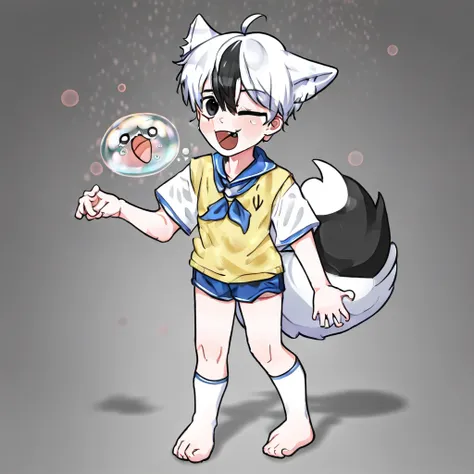 tail, fang, v, food, 1boy, shorts, closed eyes, foot focus, black eyes, bubble blowing