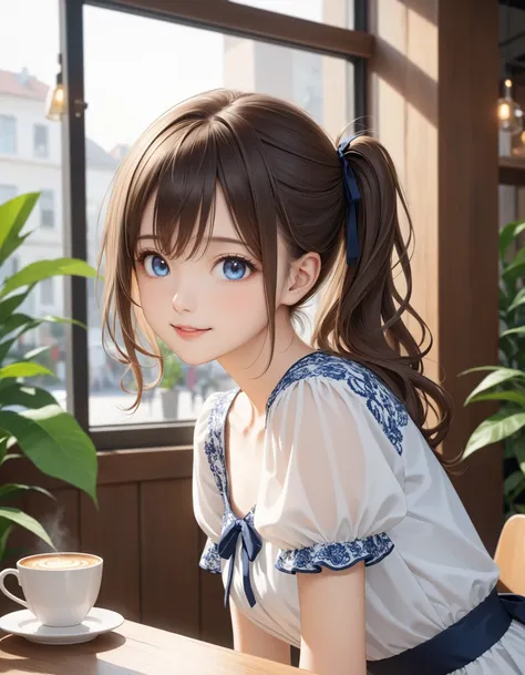 SceneDescription:
  - Composition: Portrait. Shooting from front.
  - Subject: A cute girl.
    - Characteristics:
      - Face: (Cute round face:1.2).
      - Eyes: Detailed blue eyes.
      - Hair: Wavy hair, high side ponytail, brown hair, ahoge and hai...