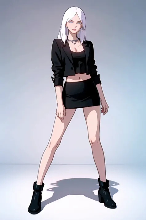 shlainn blaze, full body, simple background, grey background, standing, looking at viewer, black jacket, purple top, cleavage, midriff, black miniskirt, white socks, black ankle boots