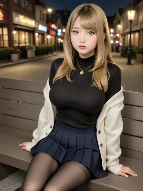 1 girl, solo, large breasts, long hair, straight hair, golden yellow hair, bule eyes, sweater, black sweater, white cardigan, pleated skirt, mini skirt, black pantyhose, necklace, pendant, sitting, night, Entertainment town