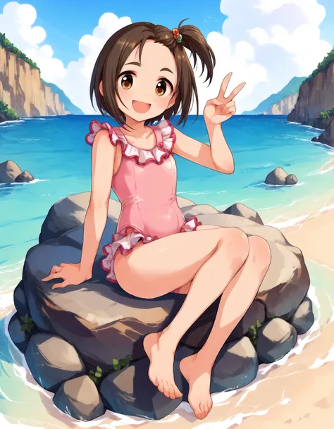 score_9,score_8_up,score_7_up,1girl,solo,looking at viewer,sitting on rock,smile,open mouth,arm support,v sign,sea,shore,
<lora:yanasemiyuki_ponyXLV6:0.8>,cgymy,brown hair,short hair,one side up,hair bobbles,brown eyes,pink frilled one-piece swimsuit,baref...