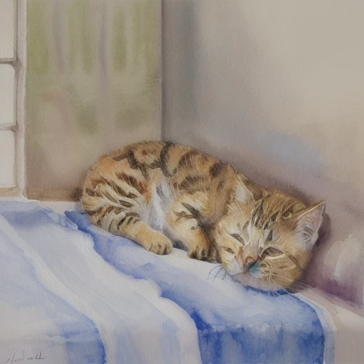 jlmorelle style, little cat sleeping on a bed, close up, animal focus, watercolor, <lora:Jean-Louis_Morelle_style:1>