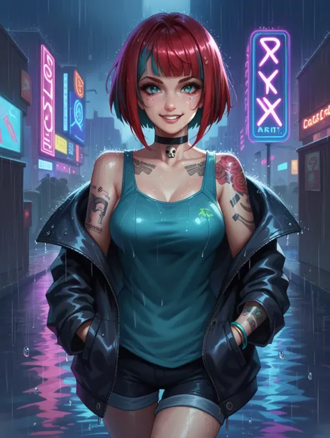 score_9, score_8_up, score_7_up,
1girl,mature,solo,(two tone hair,black and red hair),bob cut,equal hair tips,blue aqua eyes,tank top,skull logo,purple paint,bare shoulders,black jacket,jacket falling off her shoulder,shorts,choker,bracelet,looking at view...