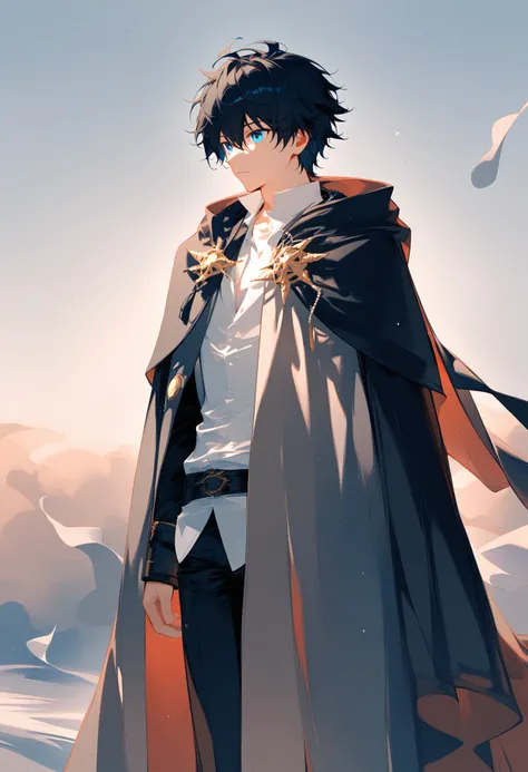 1 boy,standing,solo,(16 years old),blue eyes,messy black hair,cape,shawl,open jacket,white shirt,The upper part of the body,