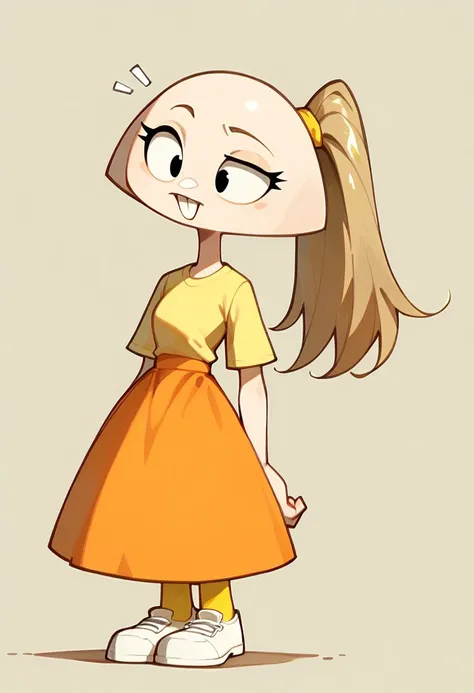 score_9, score_8_up, score_7_up BREAK pegTO, 1girl, bald head, black eyes, yellow hairclip, light brown ponytail, ponytail, buckteeth, bucktooth, no jaw, no lower jaw, half head, jawless, yellow longsleeved shirt, orange skirt, yellow socks, white shoes,