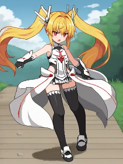 <lora:viopriserenapony:1>,
1girl, solo, serenavp, blonde hair, long hair, twintails, red eyes, hair ornament, armor, bare shoulders, gloves, waist cape, black thighhighs, black footwear, standing, serious, outdoors, open mouth, dynamic pose