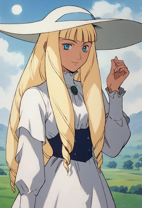 <lora:KihelTurnAPony1.0:0.8>Kihel, 1girl, solo, dress, blonde hair, long hair, blue eyes, white dress, long sleeves, smile, drill hair, sun hat, score_9, score_8_up, score_7_up, score_6_up, score_5_up, score_4_up, looking at viewer, 1990s (style)