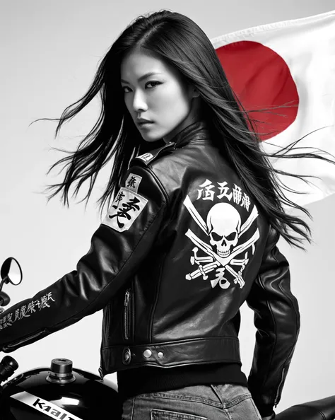 assassinkahb style, a black and white photo of a female assassin wearing a motorcycle jacket with japanese writing on the back, solo, simple background, white background, jacket, monochrome, upper body, greyscale, male focus, long hair in wind, weapon, clo...