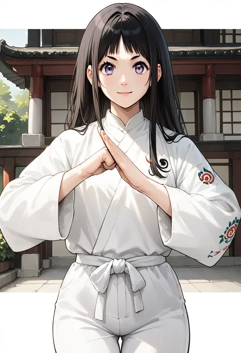 (fist-palm salute:1.5), score_9, score_8_up, score_7_up, source_anime, ultra detailed, 
Generate a picture of a girl making fist-palm salute in a big garden in front of a big traditional Chinese building,  (fist and palm folded in front), front view,  she ...