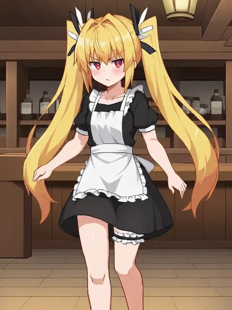 <lora:viopriserenapony:1>,
1girl, solo, serenavp, blonde hair, long hair, twintails, red eyes, hair ribbon, black ribbon, black dress, short sleeves, white apron, bare legs, bridal garter, cowboy shot, walking, indoors, tavern, annoyed