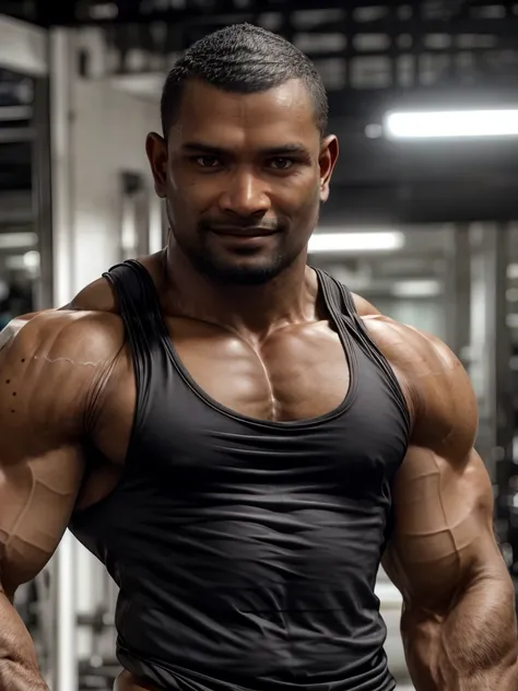 ultra realistic, unreal engine 5, anatomically correct, detailed eyes, detailed face, black eyes, male focus, solo, vichitsin, very dark skin, dark-skinned male, muscular, bara, bodybuilder, very short hair, buzzcut, ((tanktop)),
<lora:Add More Details:1> ...