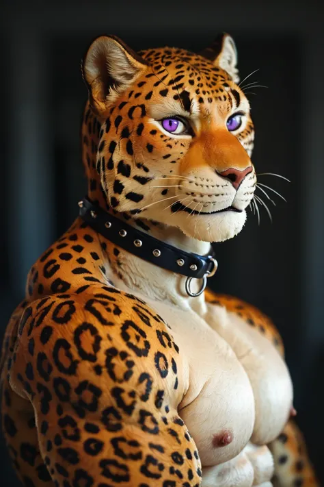  score_9,score_8_up,score_7_up,score_6_up, source_furry,high quality, furry, raw, photo, BREAK ,tobias (leopard boy, light orange fur, purple eyes),  upper body, muscular, big pec,  bara, leather choker, shirtless, looking at viewer, from side,
shallow dep...