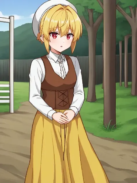 <lora:viopriserenapony:1>,
1girl, solo, serenavp, blonde hair, short hair, bangs, white headwear, red eyes, white shirt, long sleeves, brown vest, corset, brown skirt, yellow skirt, long skirt, outdoors, farm, parted lips, standing,