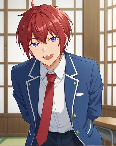 score_9, score_8_up, source_anime, anime screencap, original style, depth of field, BREAK, rating_safe, 1boy, solo, male focus, <lora:suou_tsukasa_pony:1> suou_tsukasa_pony, red hair, purple eyes, bangs, cowboy shot, happy, closed eyes, standing, looking a...