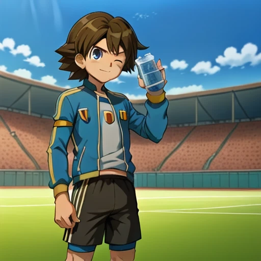 inazuma eleven, ball, jacket, outdoors, shorts, day, sky, bottle, male focus, tree, soccer boy, 1boy, brown hair, blue eyes, one eye closed, cloud, stadium