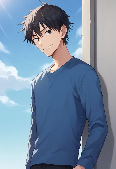 score_9, score_8_up, score_7_up, source_anime, highly detailed, 
imaizumi, 1boy, male focus, solo,  black hair, sky, black eyes, day, blue sky, upper body, shirt, blue shirt, long sleeves, pants, smile,