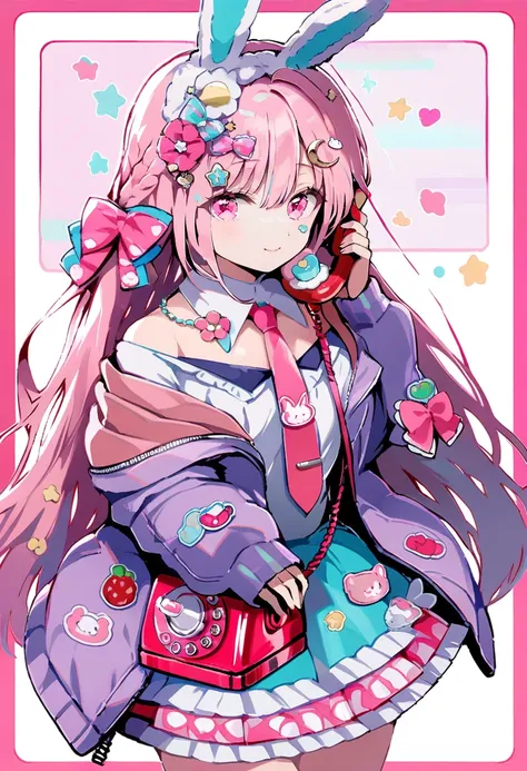 masterpiece, best quality,<lora:OH4XL_ANI31_lokr_V4312:0.95>1girl, solo, animal ears, rabbit ears, long hair, phone, necktie, hair ornament, bow, pink eyes, pink hair, hair bow, holding, skirt, holding phone, jacket, pastel colors, closed mouth, detached c...