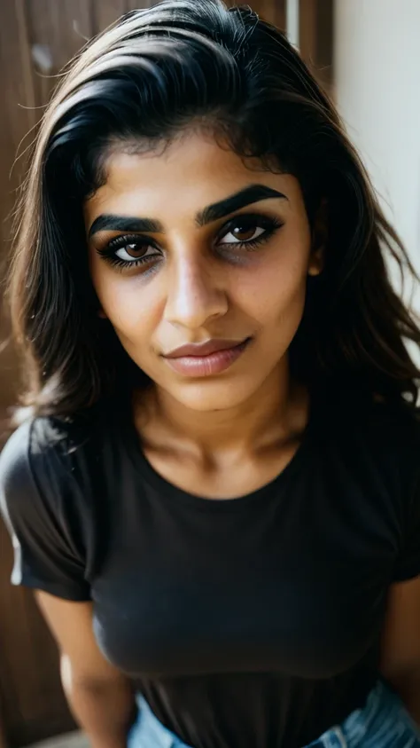 (score_9, score_8_up, score_7_up, score_6_up), woman, arabian, pretty, cute, (freckles:0.4), looking at viewer, high angle, face focus, black shirt, indoors