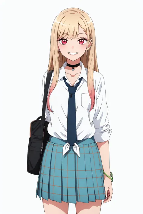 MarinKitagawa, 8k, high resolution, very high resolution, high definition, masterpiece, 1girl, solo, long hair, looking at viewer, smile, skirt, blonde hair, simple background, shirt, red eyes, white background, jewelry, school uniform, standing, upper bod...