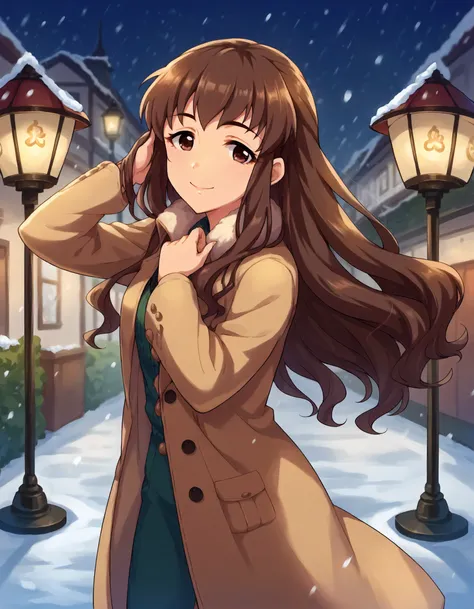 score_9,score_8_up,score_7_up,1girl,solo,cowboy shot,looking at viewer,hand in hair,smile,snowing,street lamp,
<lora:hattoritouko_ponyXLV6:0.8>,cght,brown hair,long hair,brown eyes,duffel coat