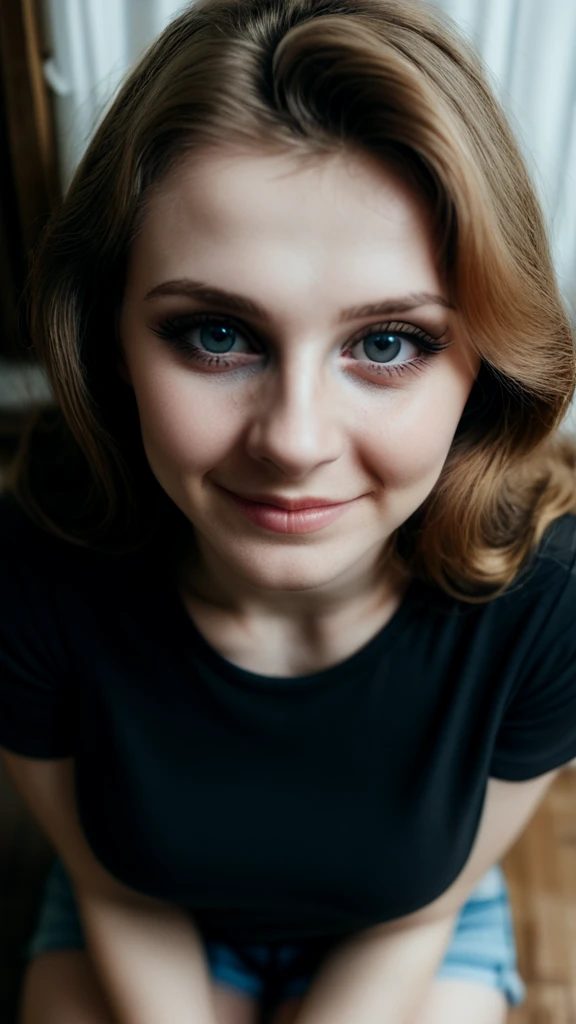 (score_9, score_8_up, score_7_up, score_6_up), woman, russian, pretty, cute, (freckles:0.4), looking at viewer, high angle, face focus, black shirt, indoors